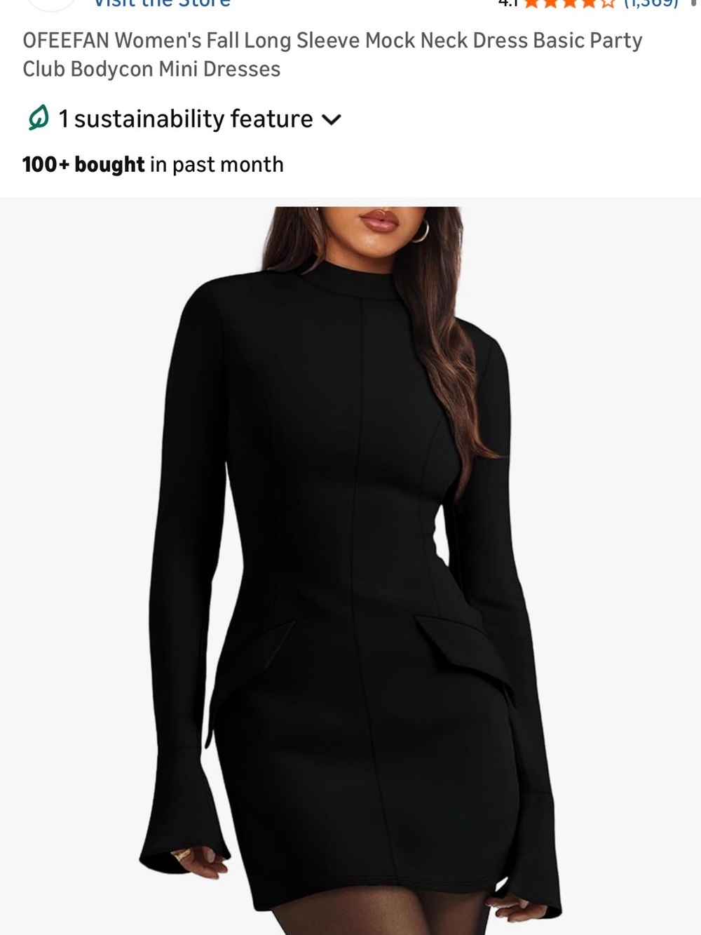 Amazon Black Long Sleeve Mini Dress with Flared Cuffs - Picture 2 of 5